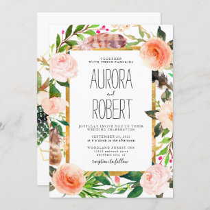 Invitation Mariage Boho de la Floride de Bourgogne, Peach, ro