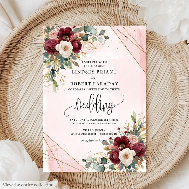 Invitation Mariage Boho Deep Red Gold Blush (Stylish Boho Deep Red Gold Blush Flowers Wedding Invitation)