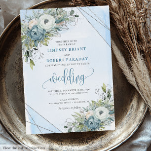 Invitation Mariage Boho Dusty Blue Silver Peonies