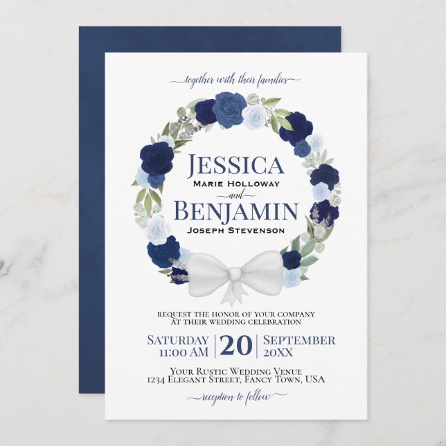 Invitation Mariage Boho élégant en fleurs bleu rustique (Devant / Derrière)