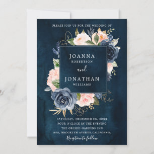 Invitation Mariage Boho en or bleu bleu bleu rose marine