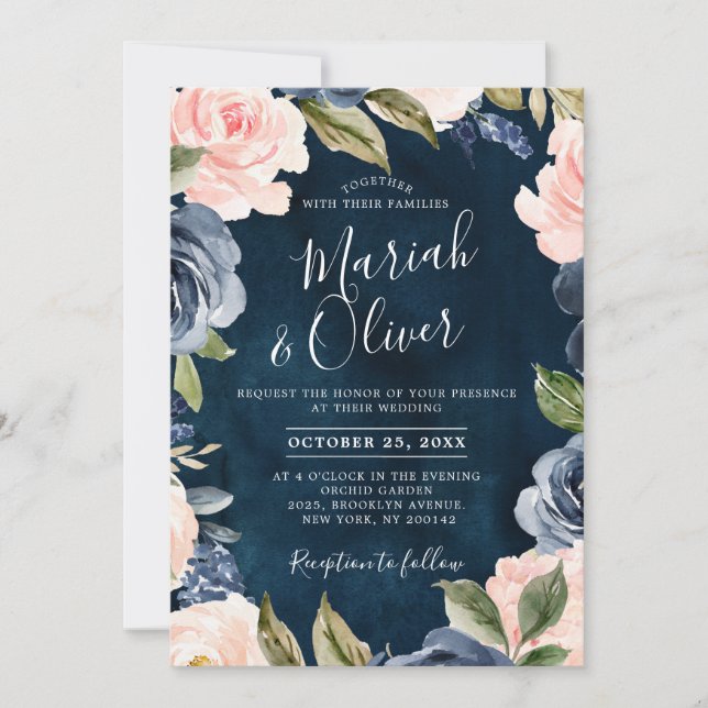 Invitation Mariage Boho en or bleu bleu bleu rose marine (Devant)