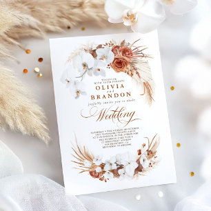 Invitation Mariage Boho en terre cuite et orchidées blanches