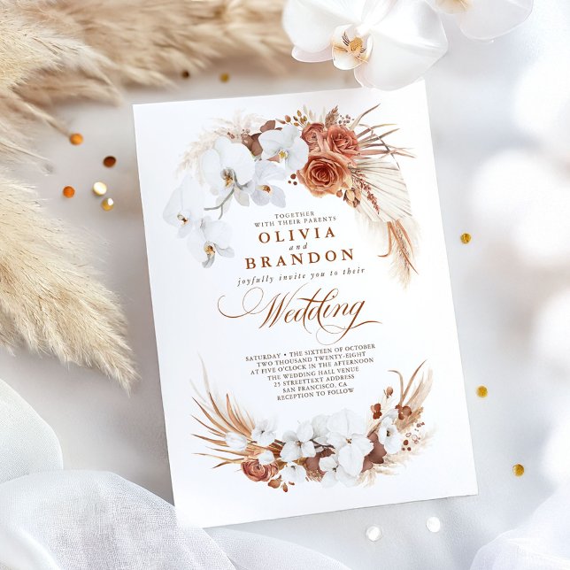 Invitation Mariage Boho en terre cuite et orchidées blanches (Terracotta Wedding Invitation)