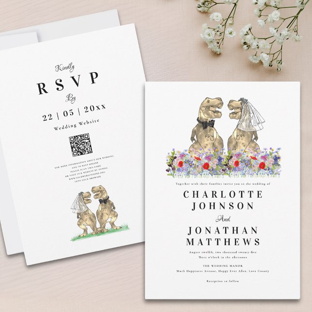 Invitation Mariage Boho Fleur sauvage Dinosaur (Wildflower dinosaur wedding invitation with qr code and watercolor summer and spring florals)