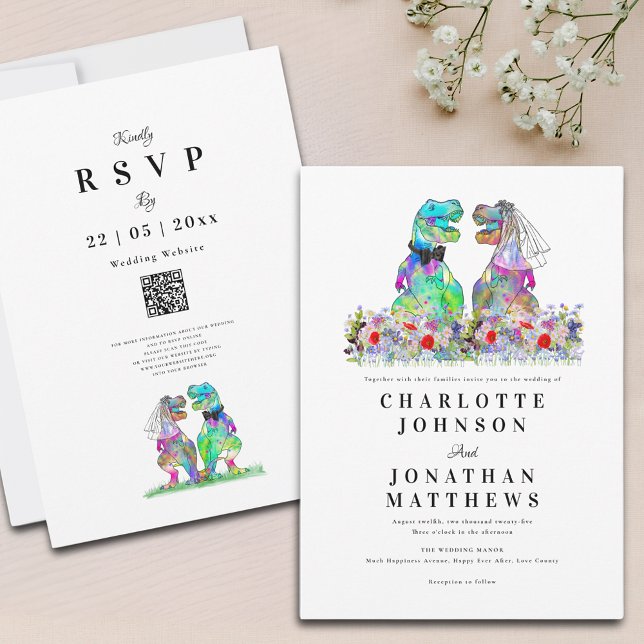 Invitation Mariage Boho Fleur sauvage Dinosaur (Boho wildflower dinosaur theme wedding invitation with qr code and T-Rex bride and groom)