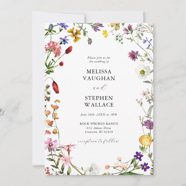 Invitation Mariage Boho Fleurs sauvages d'aquarelle (Devant)