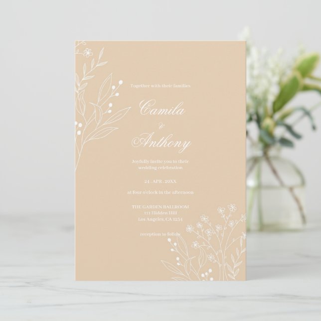 Invitation Mariage Boho Floral Blanc Beige Corner (Debout devant)