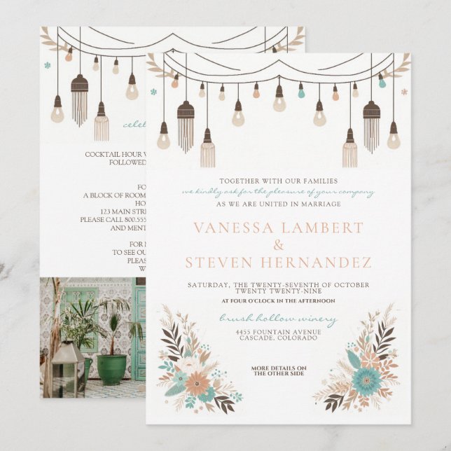 Invitation Mariage Boho Floral Lights (Devant / Derrière)