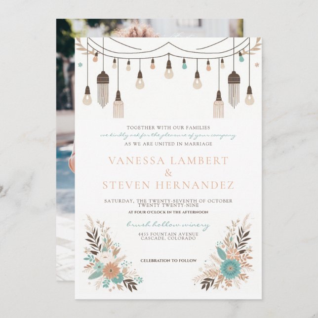 Invitation Mariage Boho Floral Lights (Devant / Derrière)