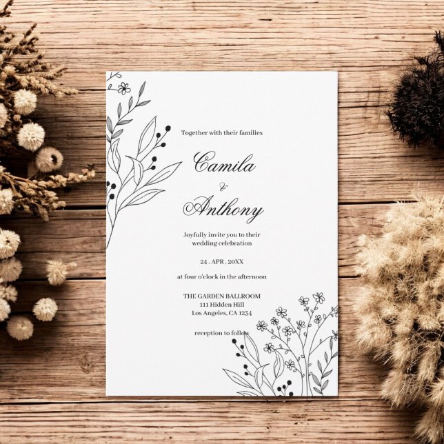 Invitation Mariage Boho floral noir et blanc (Créateur téléchargé)