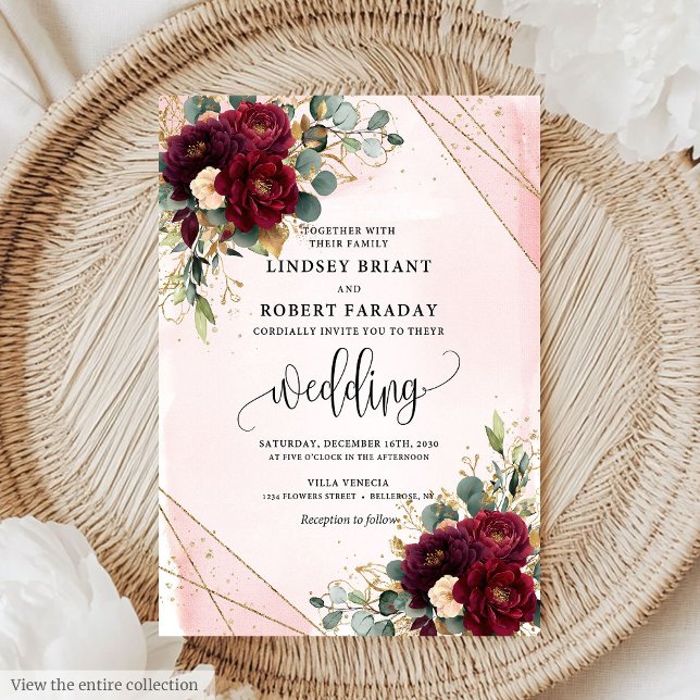 Invitation Mariage Boho Marsala Gold Blush (Stylish Boho Marsala Gold Blush Flowers Wedding Invitation)
