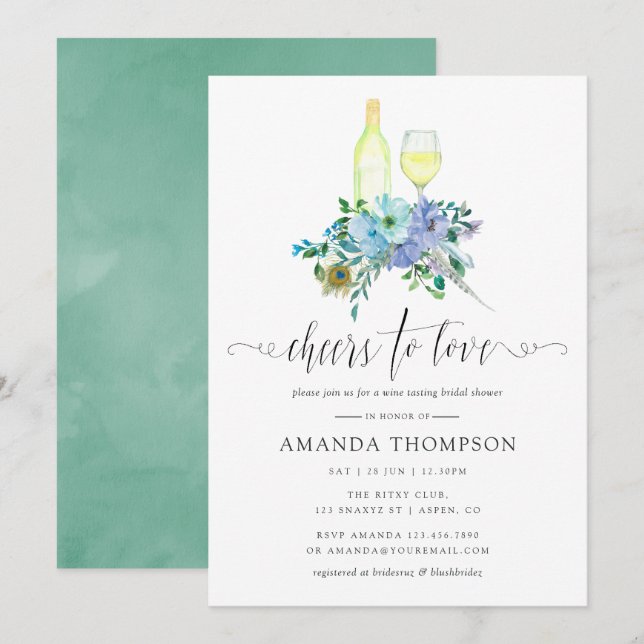 Invitation Mariage boho menthe et bleu avec dégustation de vi (Devant / Derrière)