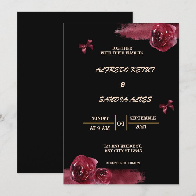Invitation Mariage Boho moderne de la Bourgogne noire et de l (Devant / Derrière)