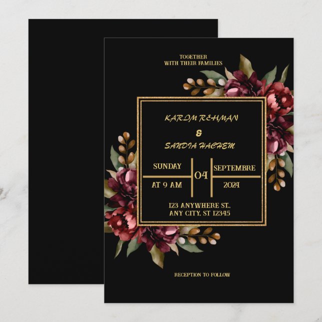 Invitation Mariage Boho moderne de la Bourgogne noire et de l (Devant / Derrière)
