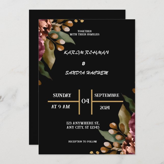 Invitation Mariage Boho moderne de la Bourgogne noire et de l (Devant / Derrière)