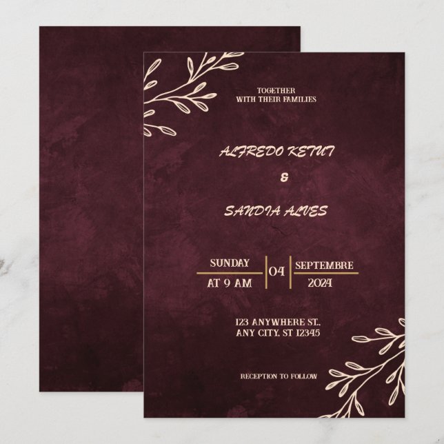 Invitation Mariage Boho moderne de la Bourgogne noire et de l (Devant / Derrière)
