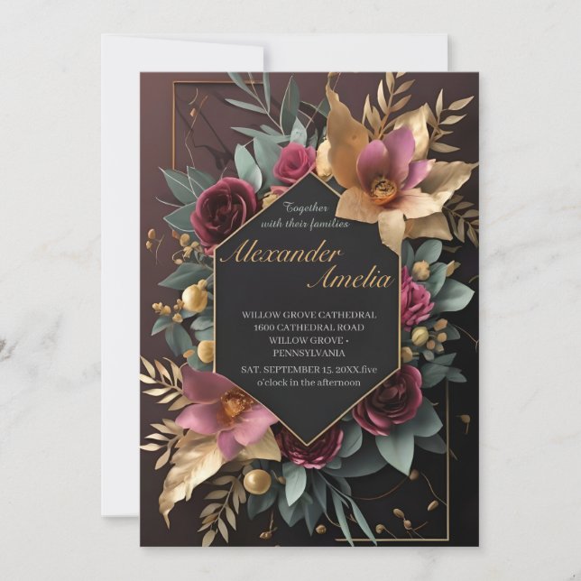 Invitation Mariage Boho moderne de la Bourgogne noire et de l (Devant)
