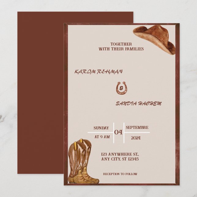 Invitation Mariage Boho moderne de la Bourgogne noire et de l (Devant / Derrière)