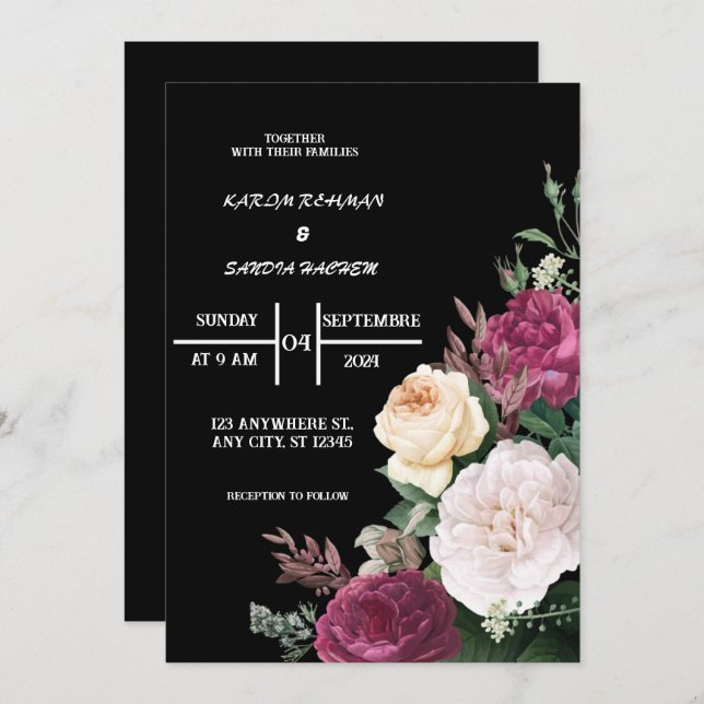 Invitation Mariage Boho moderne de la Bourgogne noire et de l (Devant / Derrière)
