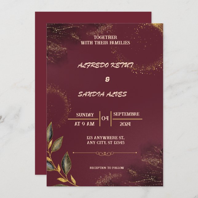 Invitation Mariage Boho moderne de la Bourgogne noire et de l (Devant / Derrière)