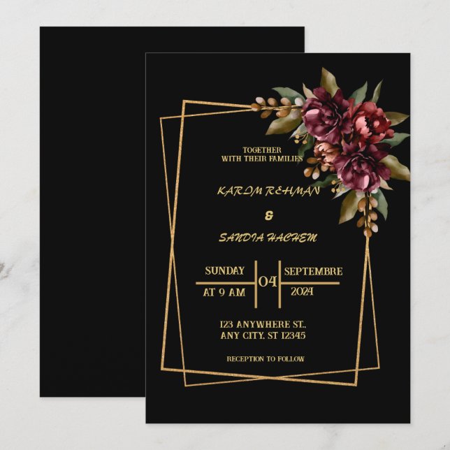 Invitation Mariage Boho moderne de la Bourgogne noire et de l (Devant / Derrière)