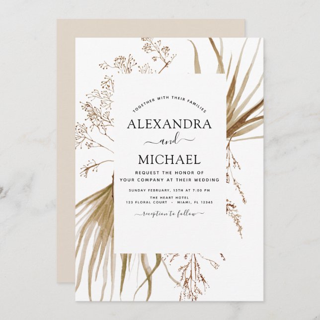 Invitation Mariage Boho Pampas Grass Bohême (Devant / Derrière)