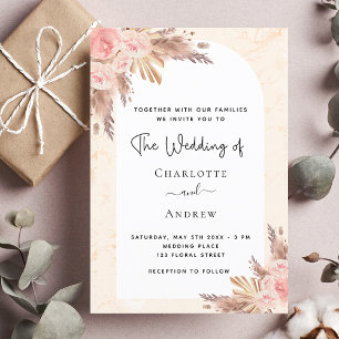 Invitation Mariage boho pampas herbe rose or luxe