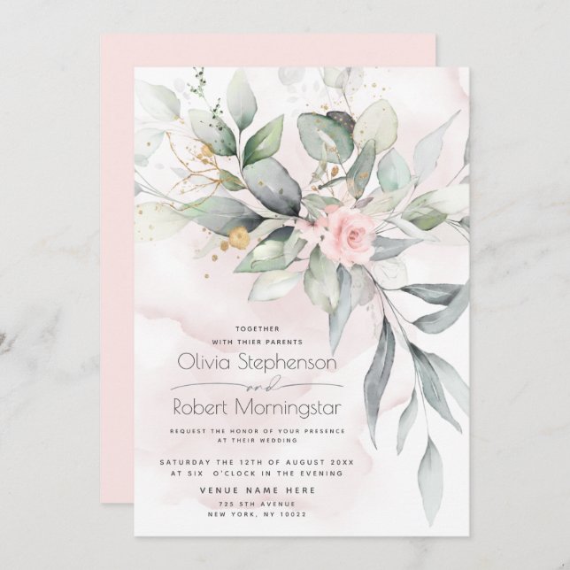 Invitation Mariage | Boho Rose Boho vert bois (Devant / Derrière)