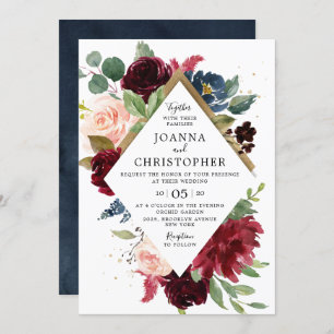 Invitation Mariage Boho rose rose rose bleu marine