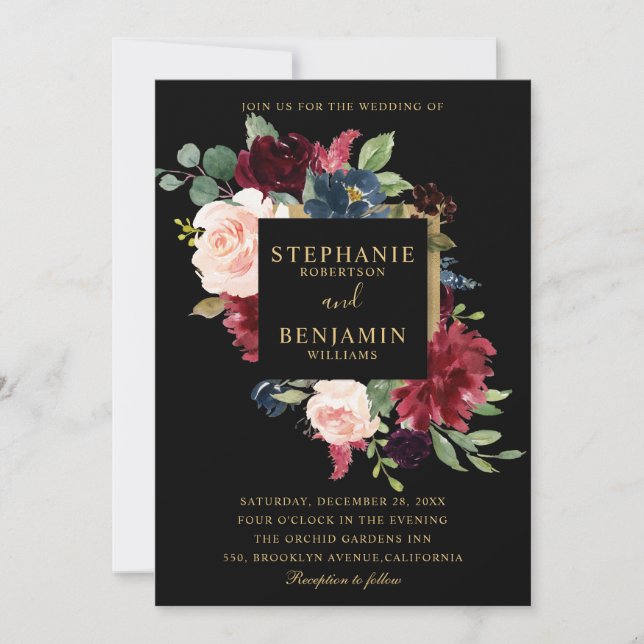 Invitation Mariage Boho Russe Floral de la Marine Rouge de Bo (Devant)
