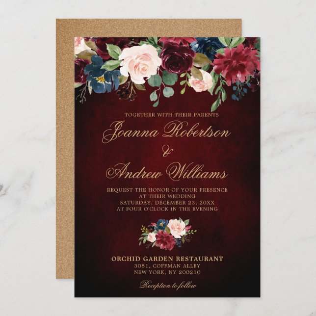 Invitation Mariage Boho Russe Floral de la Marine Rouge de Bo (Devant / Derrière)