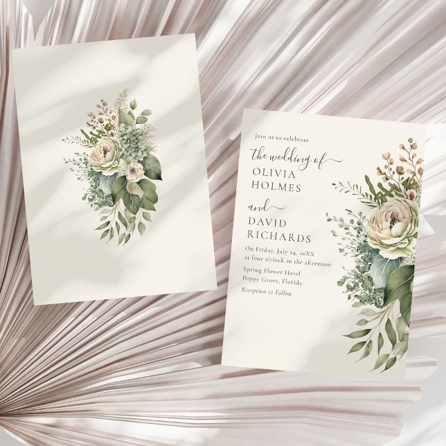 Invitation Mariage Boho Sage Green et Ivory Widlflowers (Boho Sage Green and Ivory Widlflowers Wedding Invitation on a sunny white dry palm leaf.)