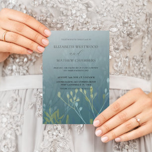 Invitation Mariage Boho Vert Bleu & Jaune à Feuillage Pressé