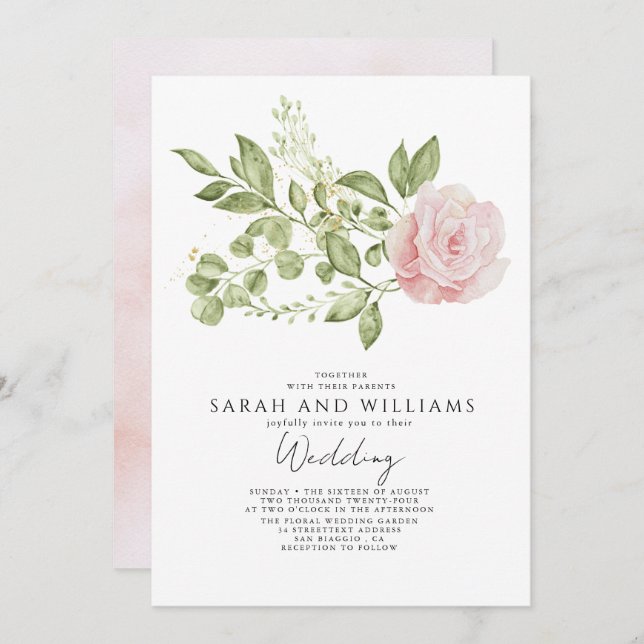 Invitation Mariage Boho vert clair rose Sage (Devant / Derrière)