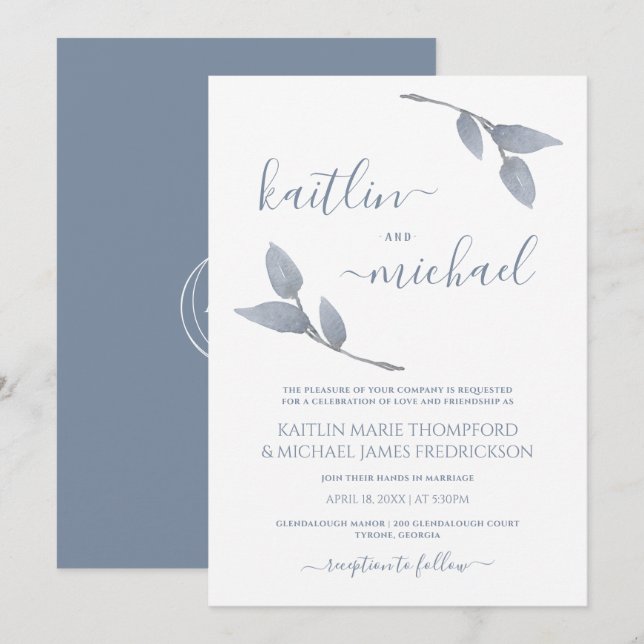 Invitation Mariage Boho Vignes Feuilles Simples Bleu Poussiér (Devant / Derrière)