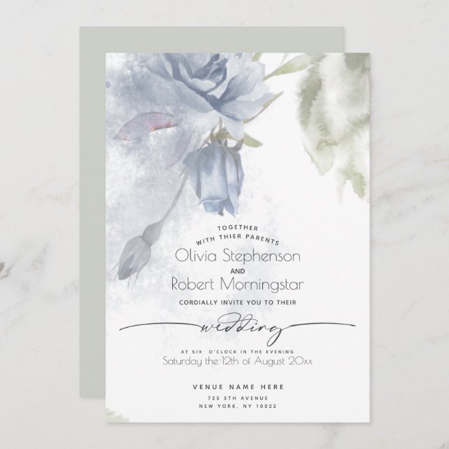 Invitation MARIAGE | Boho Watercolor Dusty Blue Rose (Devant / Derrière)