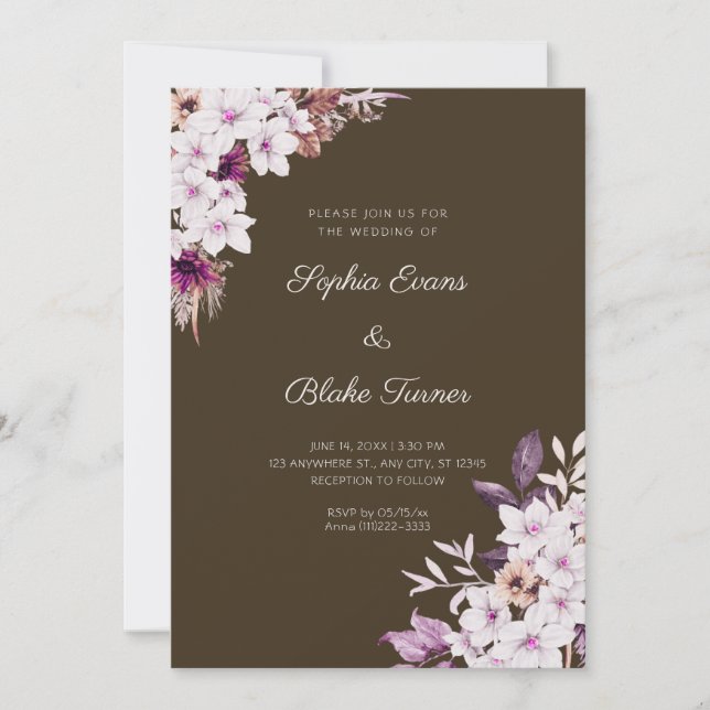 Invitation Mariage Bois Brun Fleurs Roses Blanches Bohème Rus (Devant)
