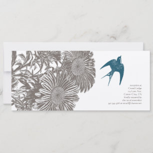 Invitation Mariage Bois Flotté Fleur Vintage et Oiseau Bleu T