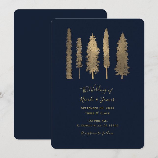Invitation Mariage Bois Forestiers Sombre Bleu et Or (Devant / Derrière)