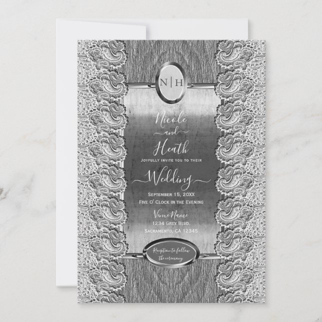Invitation Mariage Bois Gris Dentelle Blanc Antique Argent (Devant)