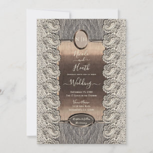 Invitation Mariage Bois Gris Dentelle Crème Cuivre Antique