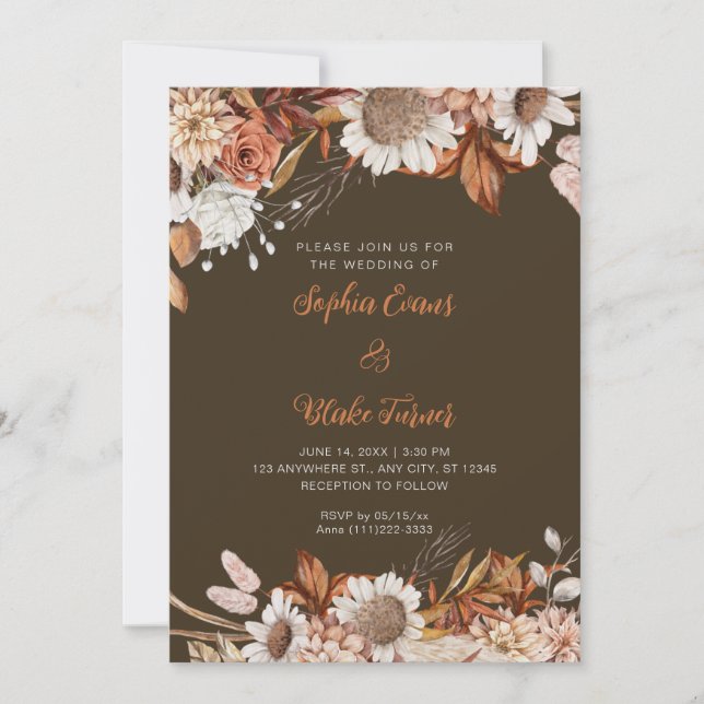 Invitation Mariage Bois Marron Blanc Fleurs Bohème (Devant)