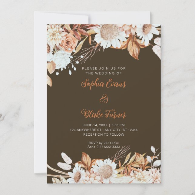 Invitation Mariage Bois Marron Blanc Fleurs Bohème (Devant)