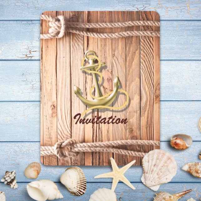 Invitation mariage bois quai bateau ancre nautique (ship dock wood beach anchor nautical wedding invitation)