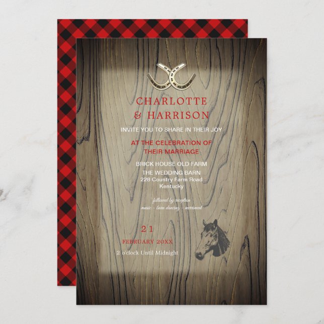 Invitation Mariage  Bois Rouge Buffalo Plaid Pays Rustique (Devant / Derrière)