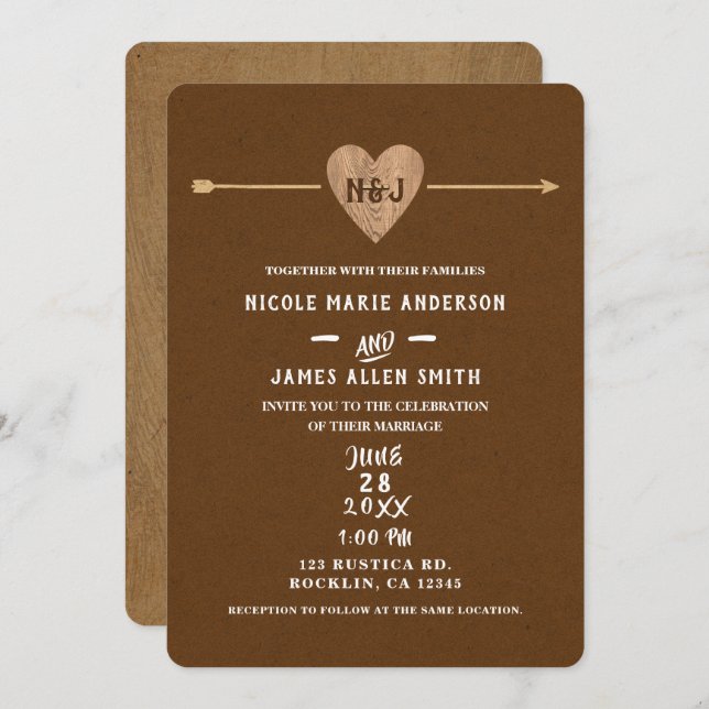 Invitation Mariage Bois Rustique Brun Kraft Coeur Flèche (Devant / Derrière)