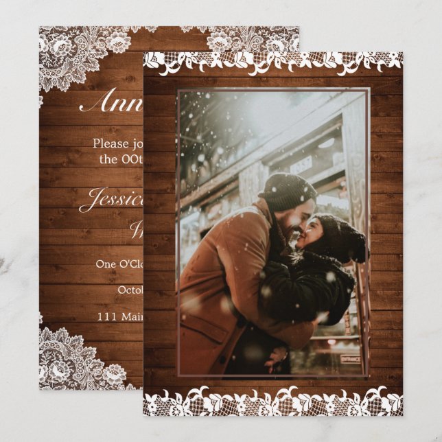 Invitation Mariage Bois Rustique & Dentelle Blanche Photo Ann (Devant / Derrière)