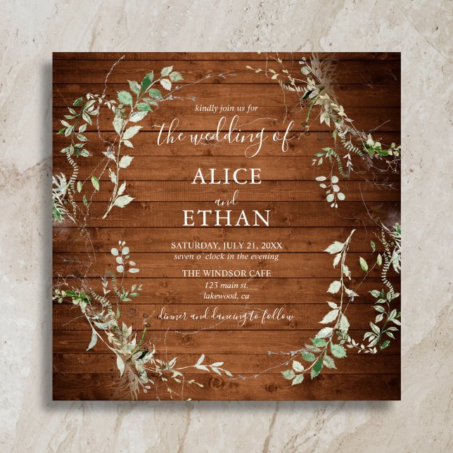 Invitation Mariage Bois Rustique Écriture Verte (Créateur téléchargé)