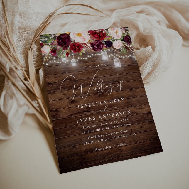 Invitation Mariage Bois Rustique Floral Bourgogne  (Créateur téléchargé)